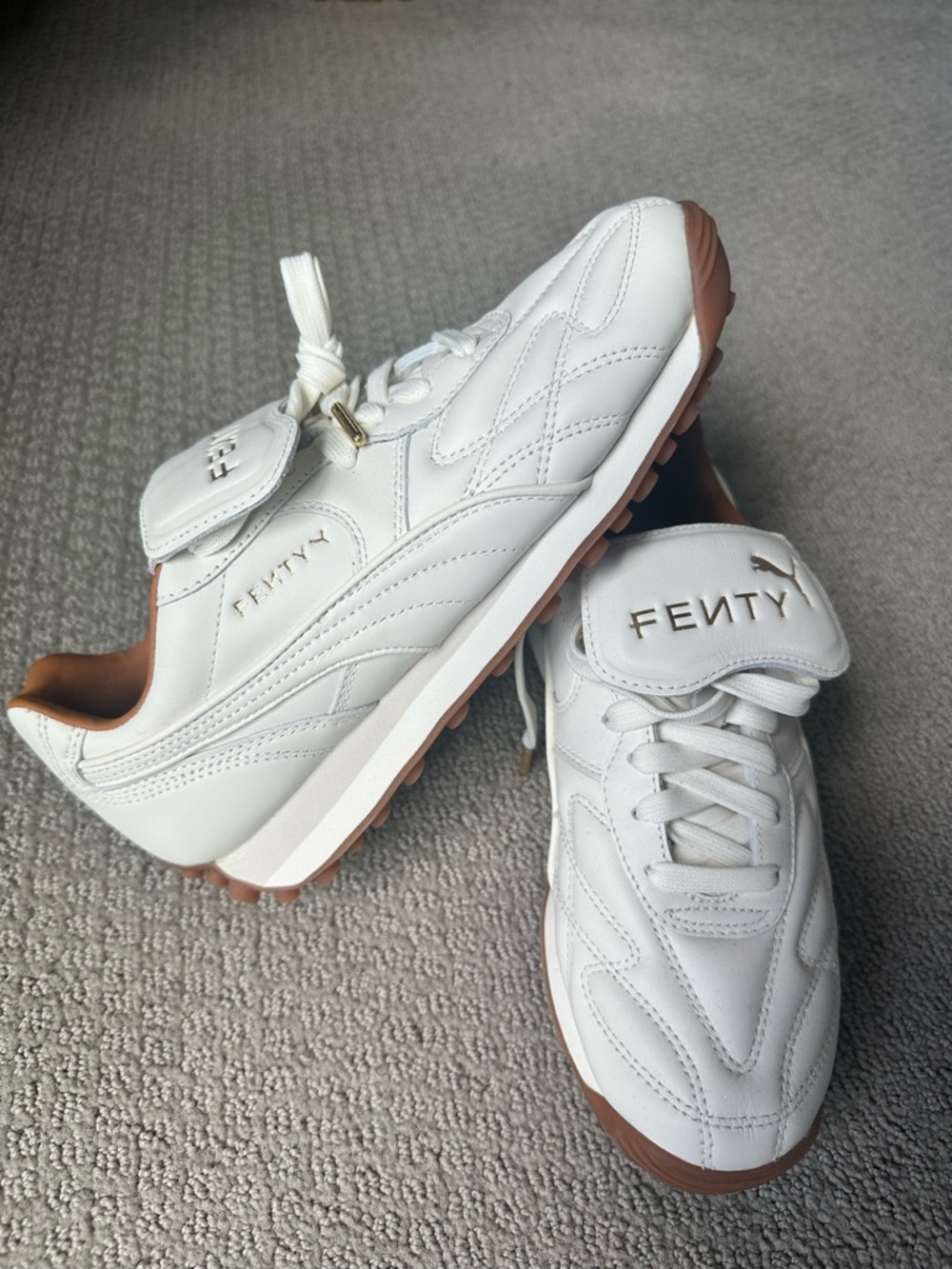 Puma Fenty White Leather Athletic Sneakers with Gum Brown Outsole